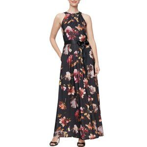 SLNY Fashions Women's Floral-Print Halter Gown MAXI dress Black Multi 14